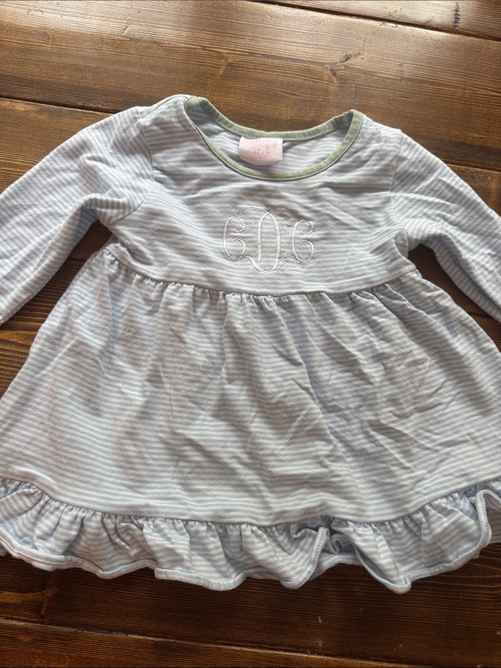 2T Toddler Long-Sleeve Striped monogrammed Ruffle shirt - Light Blue
